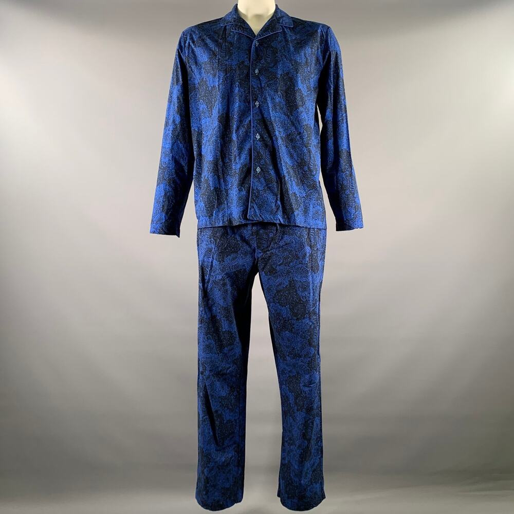 ROBERT GRAHAM Size XL Blue Black Floral Cotton Camp Pajama Set